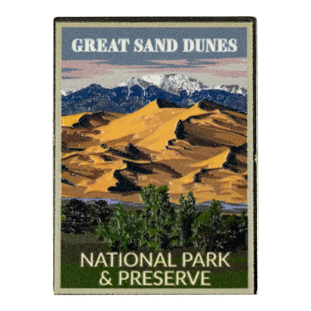 Pin of Great Sand Dunes National Park with desert landscape and mountains.