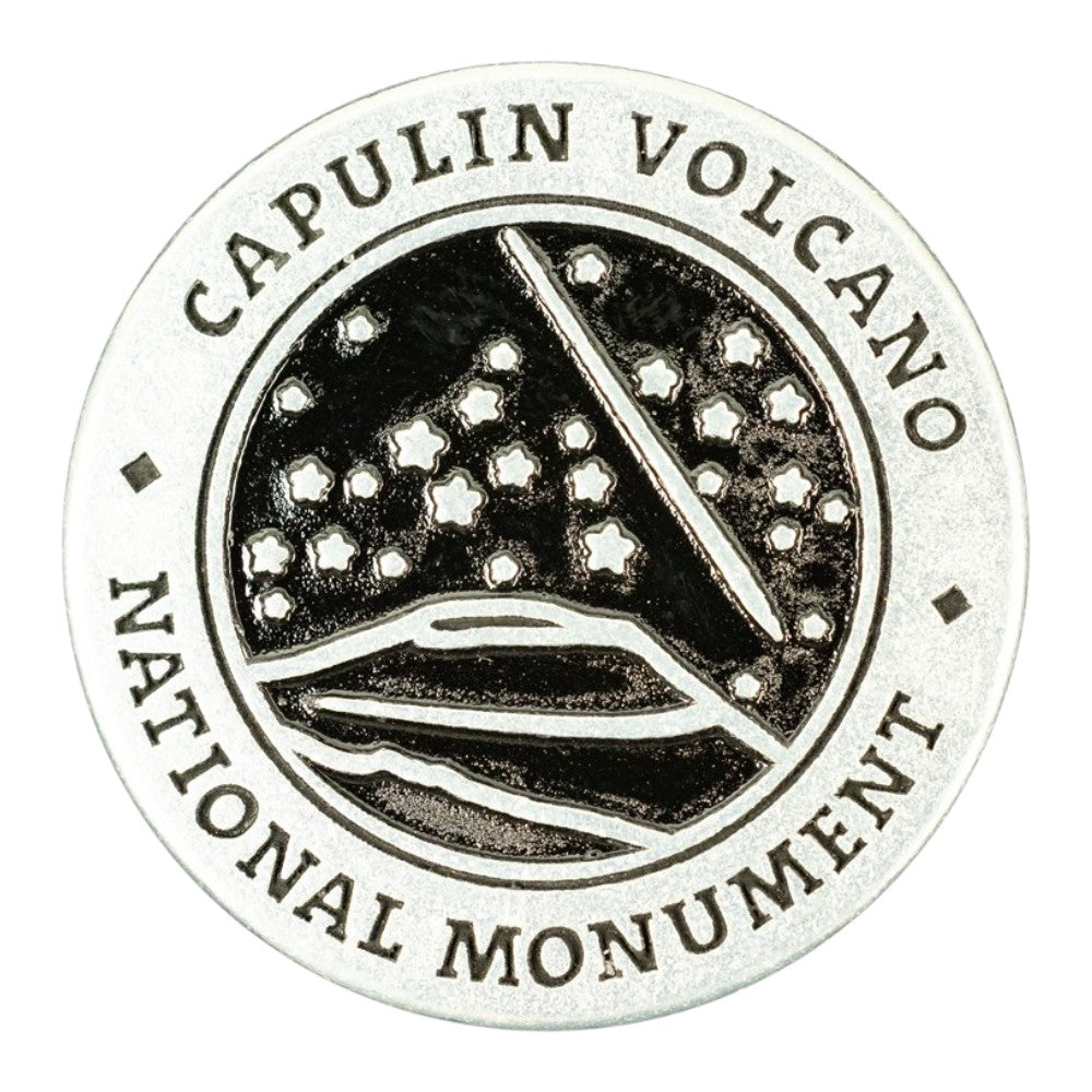 A circular silver-toned metal commemorative token featuring the text &