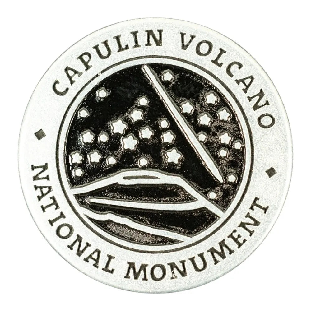 A circular silver-toned metal commemorative token featuring the text &