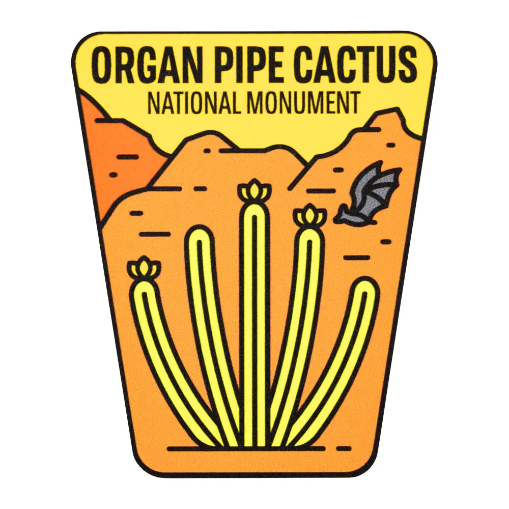 Sticker of Organ Pipe Cactus National Monument with cacti and desert landscape.