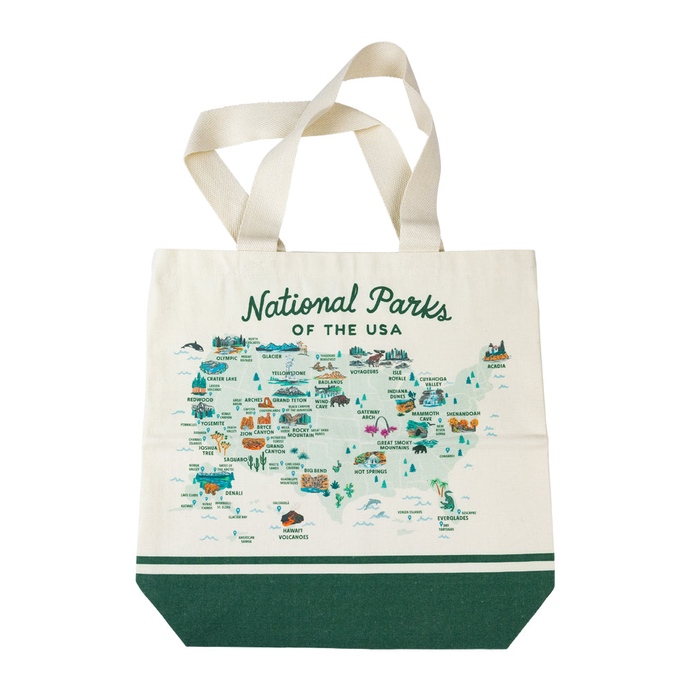 Tote bag with map of National Parks of the USA on a white background