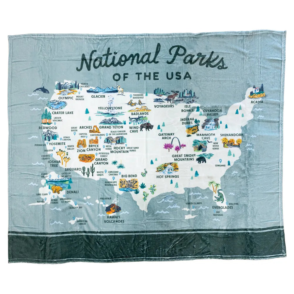 Map of National Parks of the USA fleece blanket with icons on a blue background