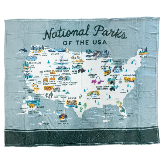 Map of National Parks of the USA fleece blanket with icons on a blue background