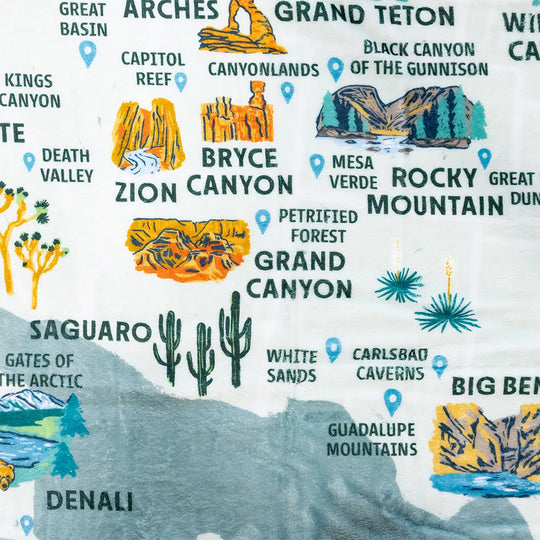 Map of national parks with illustrations and text on a white background