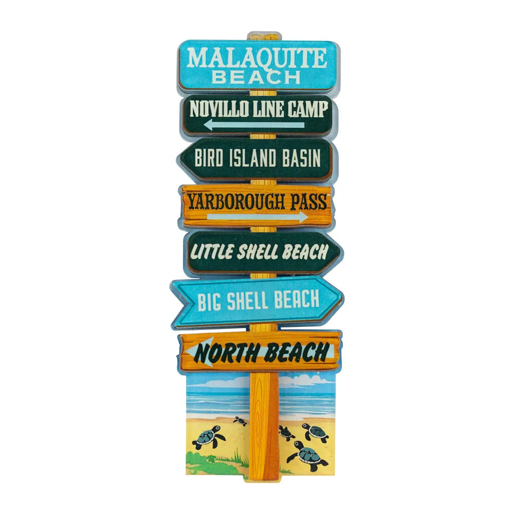Decorative signpost magnet with various location names at Padre Island National Seashore on a white background