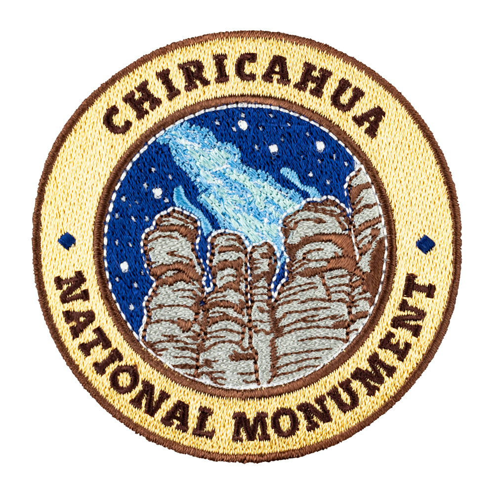 Circular patch with 'Chiricahua National Monument' text and rock formation design.