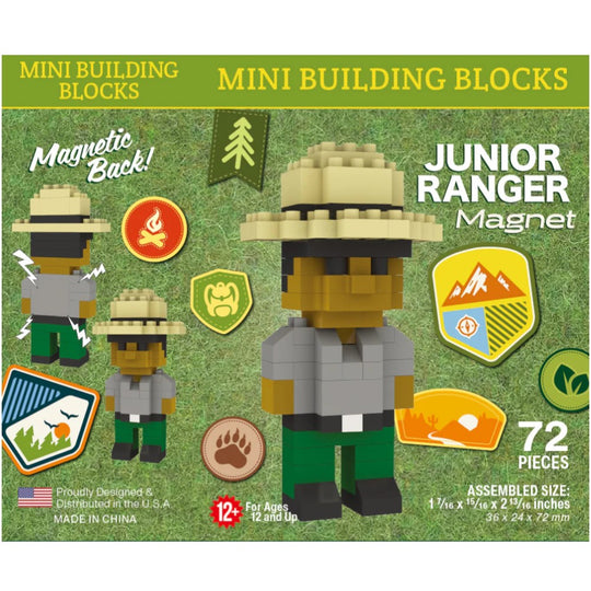 Box of Junior Ranger Mini Block Magnet with character and badges on a green background