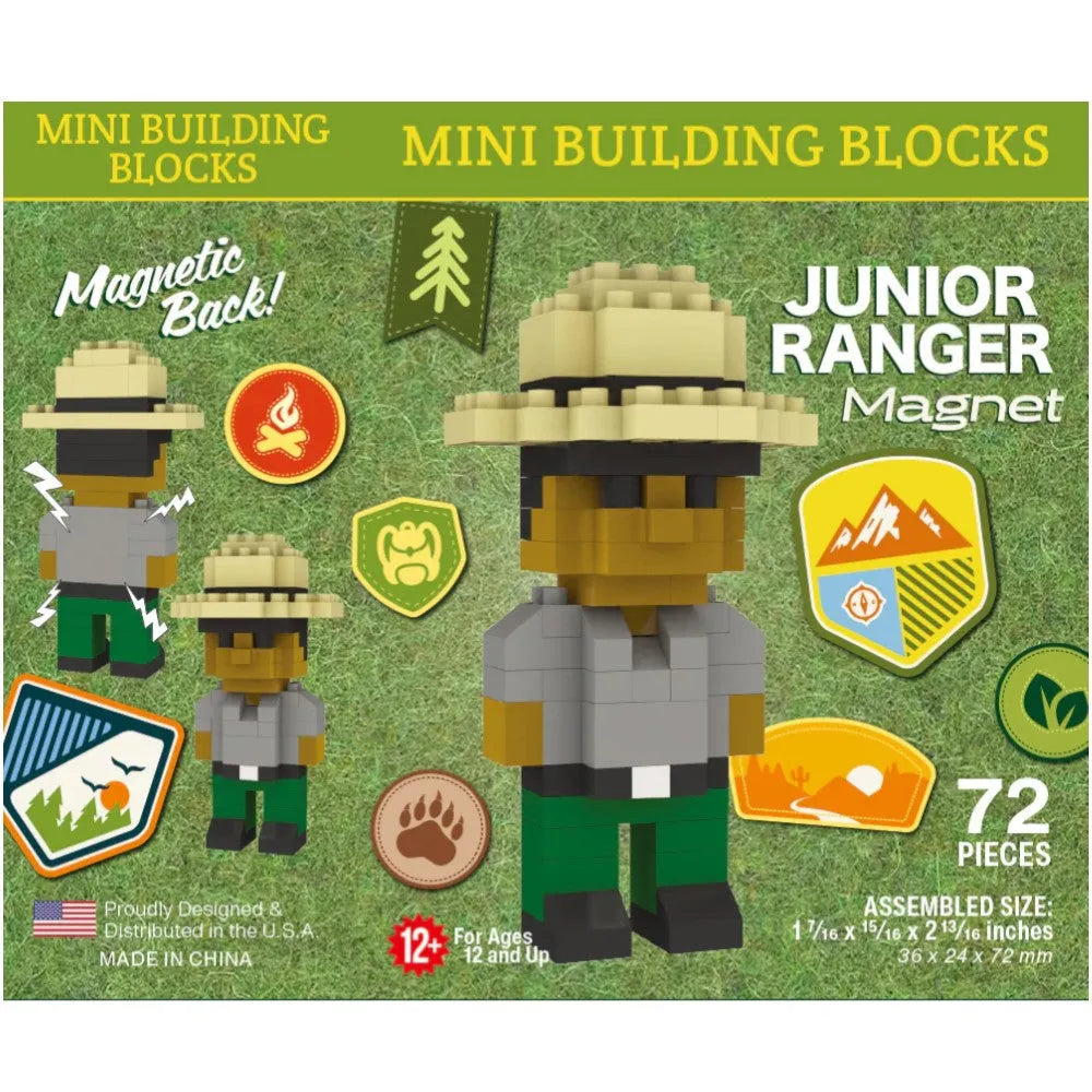 Box of Junior Ranger Mini Block Magnet with character and badges on a green background