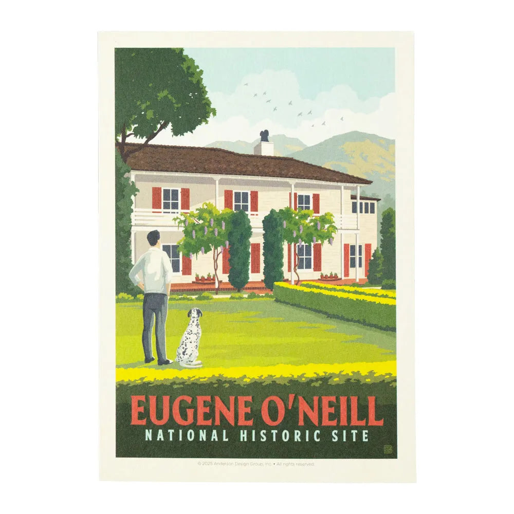 Postcard with an illustration of a man with a dog in front of a house with 'Eugene O'Neill National Historic Site' text.