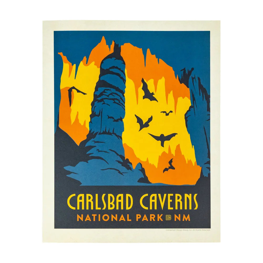 A vintage-style travel poster for Carlsbad Caverns National Park, NM, featuring a bold graphic illustration of blue rock formations and bright yellow-orange cave walls with flying black birds. The text &