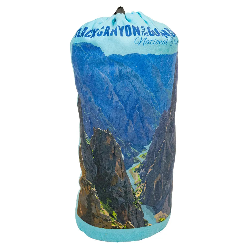 Fleece blanket with Black Canyon of the Gunnison National Park design inside matching drawstring storage bag.