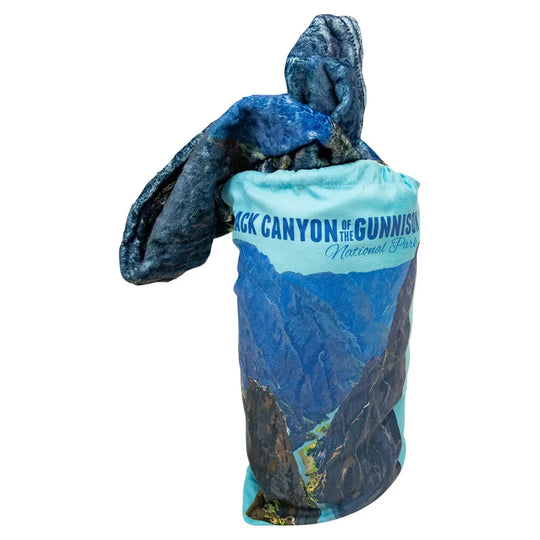 Black Canyon of the Gunnison National Park Fleece Blanket partially removed from its drawsting storage bag