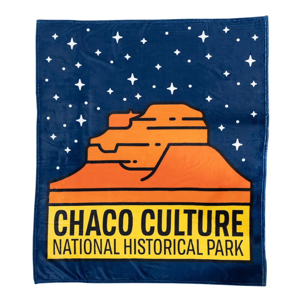 Chaco Culture National Historical Park Fleece Blanket - Fell Logo design featuring an orange ruin and starry night sky.