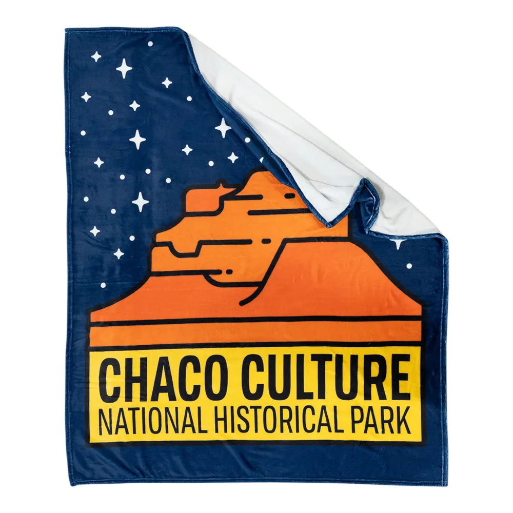 Fleece blanket with Chaco Culture National Historical Park design on a blue background