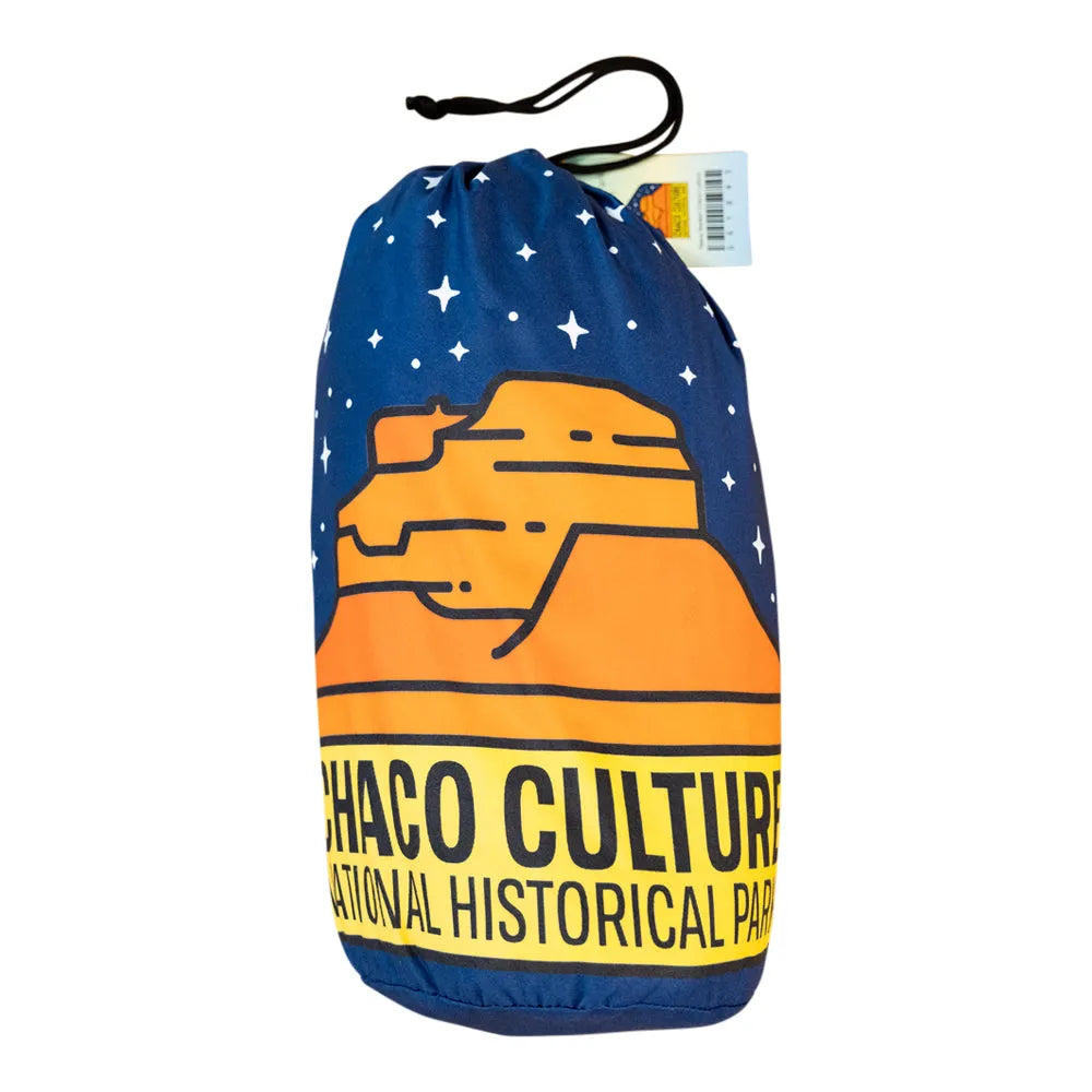 Drawstring bag with Chaco Culture National Historical Park design on a white background