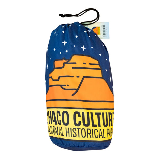 Drawstring bag with Chaco Culture National Historical Park design on a white background