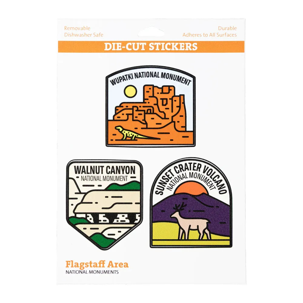 Three die-cut stickers of Flagstaff Area national monuments on a white background