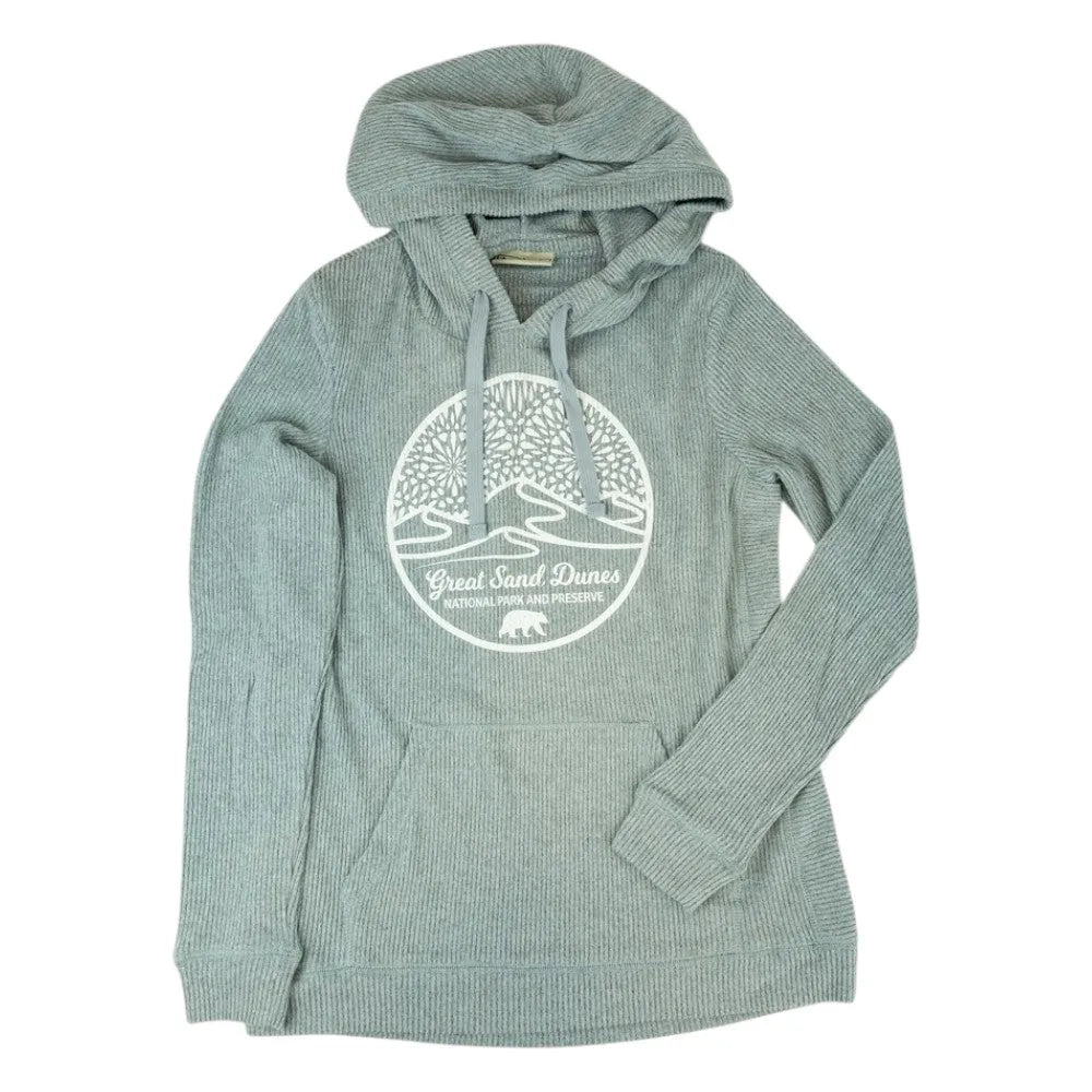 Blue/gray hoodie with a white Great Sand Dunes National Park graphic on a white background
