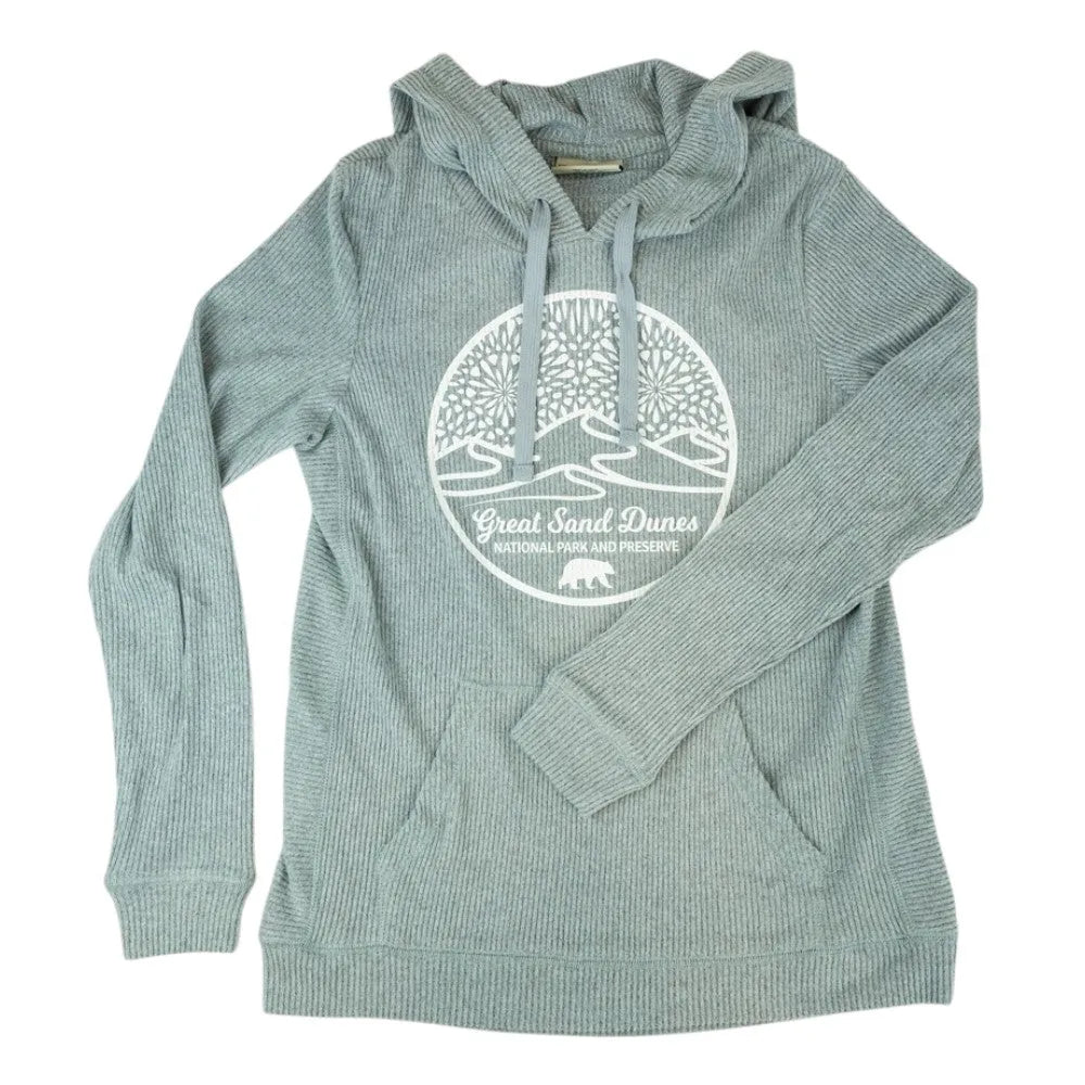 Blue/gray hoodie with a circular white Great Sand Dunes National Park graphic on a white background