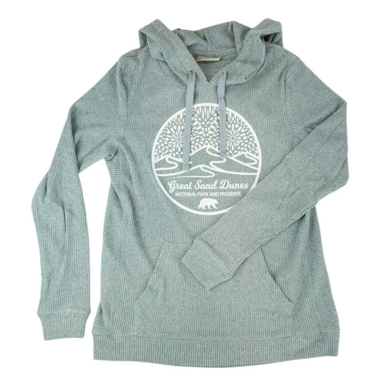 Blue/gray hoodie with a circular white Great Sand Dunes National Park graphic on a white background