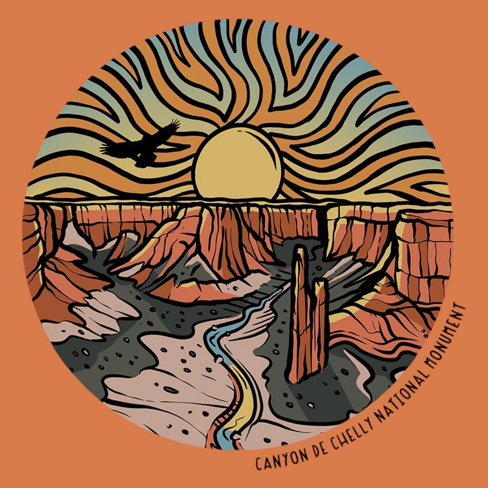 Artistic graphic of Canyon de Chelly National Monument with a stylized sunset and landscape.