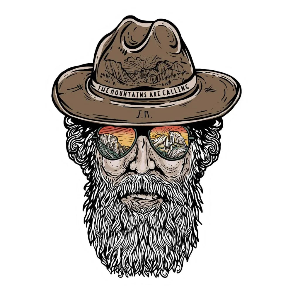 National Park Godfather Sticker features an illustration of a bearded man wearing a brown hat with text that says 'The Mountains are Calling' and sunglasses that reflect a nature landscape, on a white background