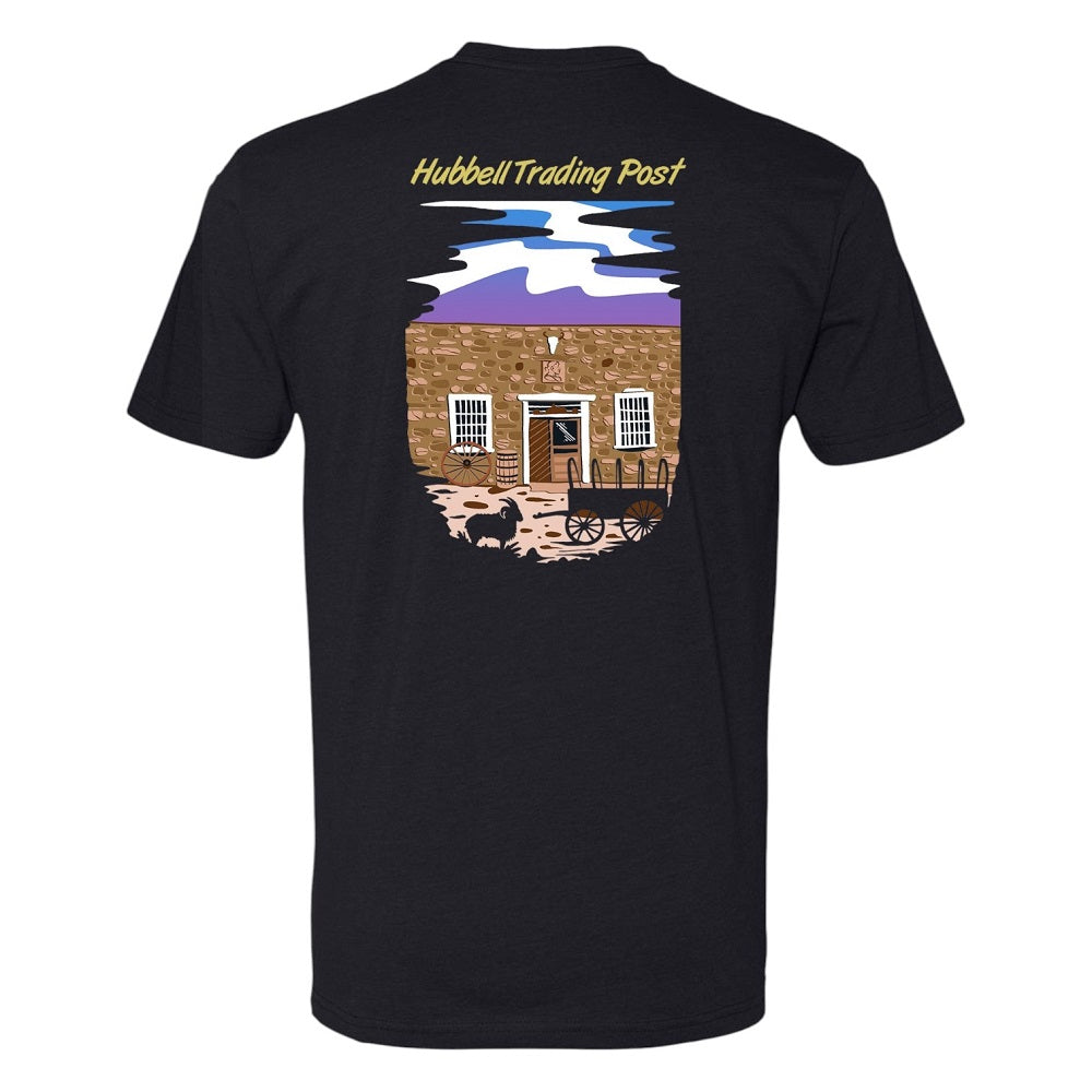 Black t-shirt with Hubbell Trading Post graphic on a white background