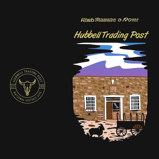 Illustration of Hubbell Trading Post with a stone building, wagon, and logo on a black background.