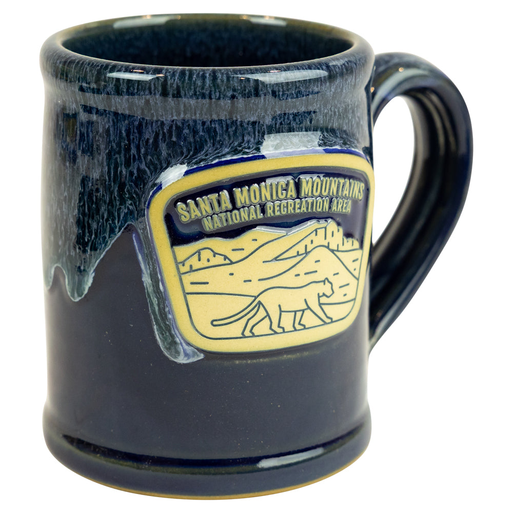 Blue mug with Santa Monica Mountains National Recreation Area logo on a white background