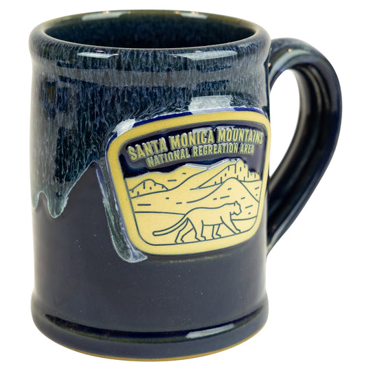 Blue mug with Santa Monica Mountains National Recreation Area logo on a white background