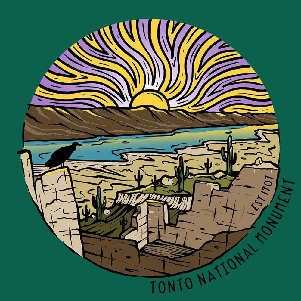 Illustration of Tonto National Monument with a sunset over a desert landscape and ruins.