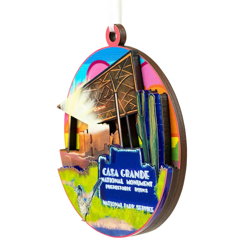 Colorful ornament with Casa Grande National Monument design on a white background