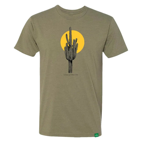 Olive green t-shirt with a cactus graphic on a yellow circle against a white background and text 'Saguaro National Park'