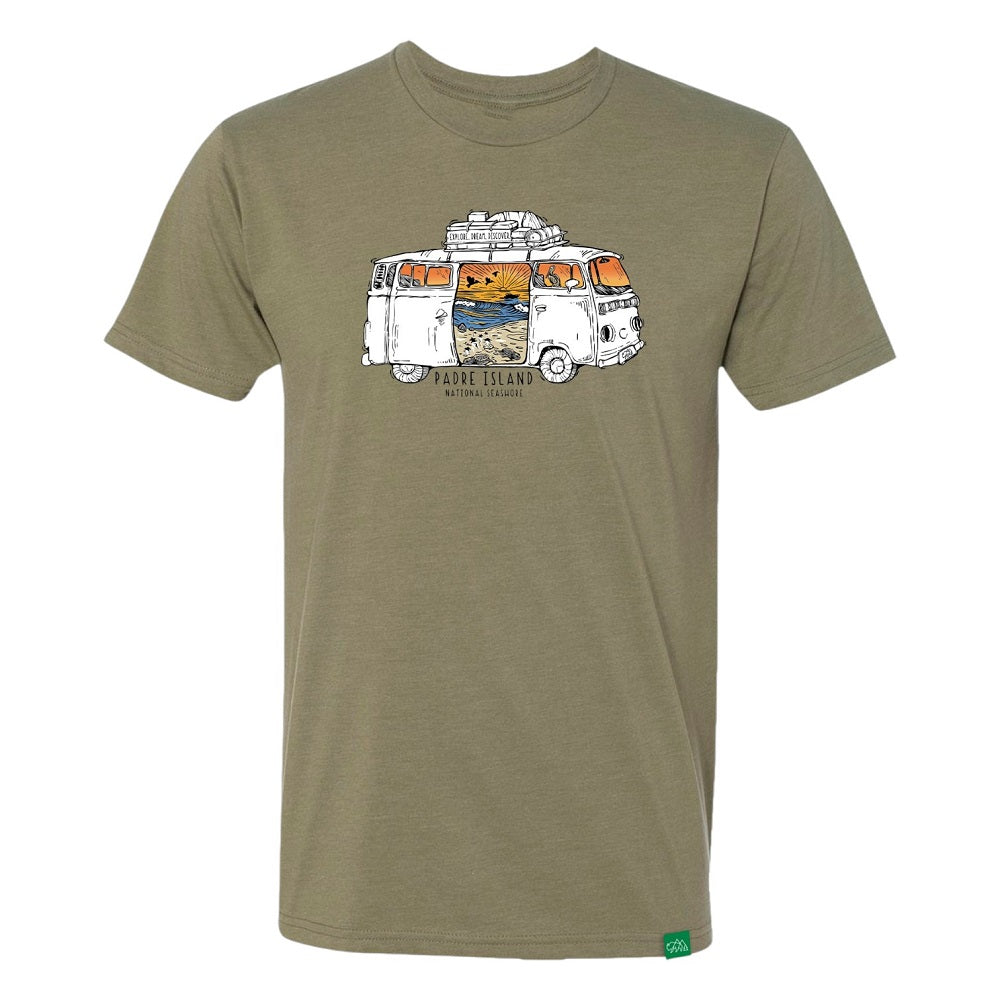 Olive green t-shirt with a graphic of a van and scenic design on a white background and text 'Padre Island National Seashore'