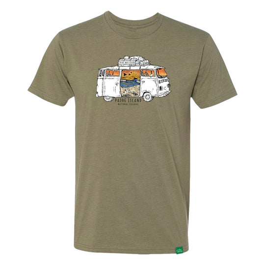 Olive green t-shirt with a graphic of a van and scenic design on a white background and text 'Padre Island National Seashore'