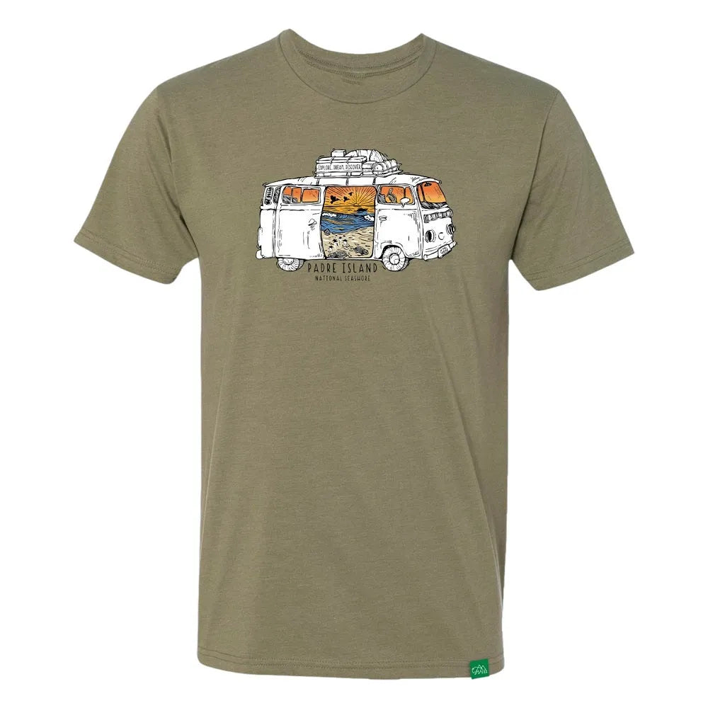 Olive green t-shirt with a graphic of a van and scenic design on a white background and text 'Padre Island National Seashore'