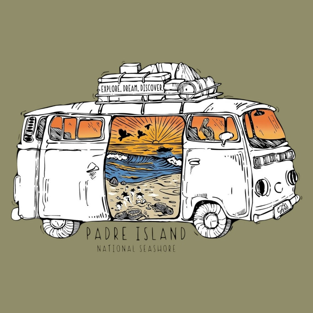 Illustration of a camper van with scenic interior on a beige background, featuring 'Padre Island National Seashore' text.