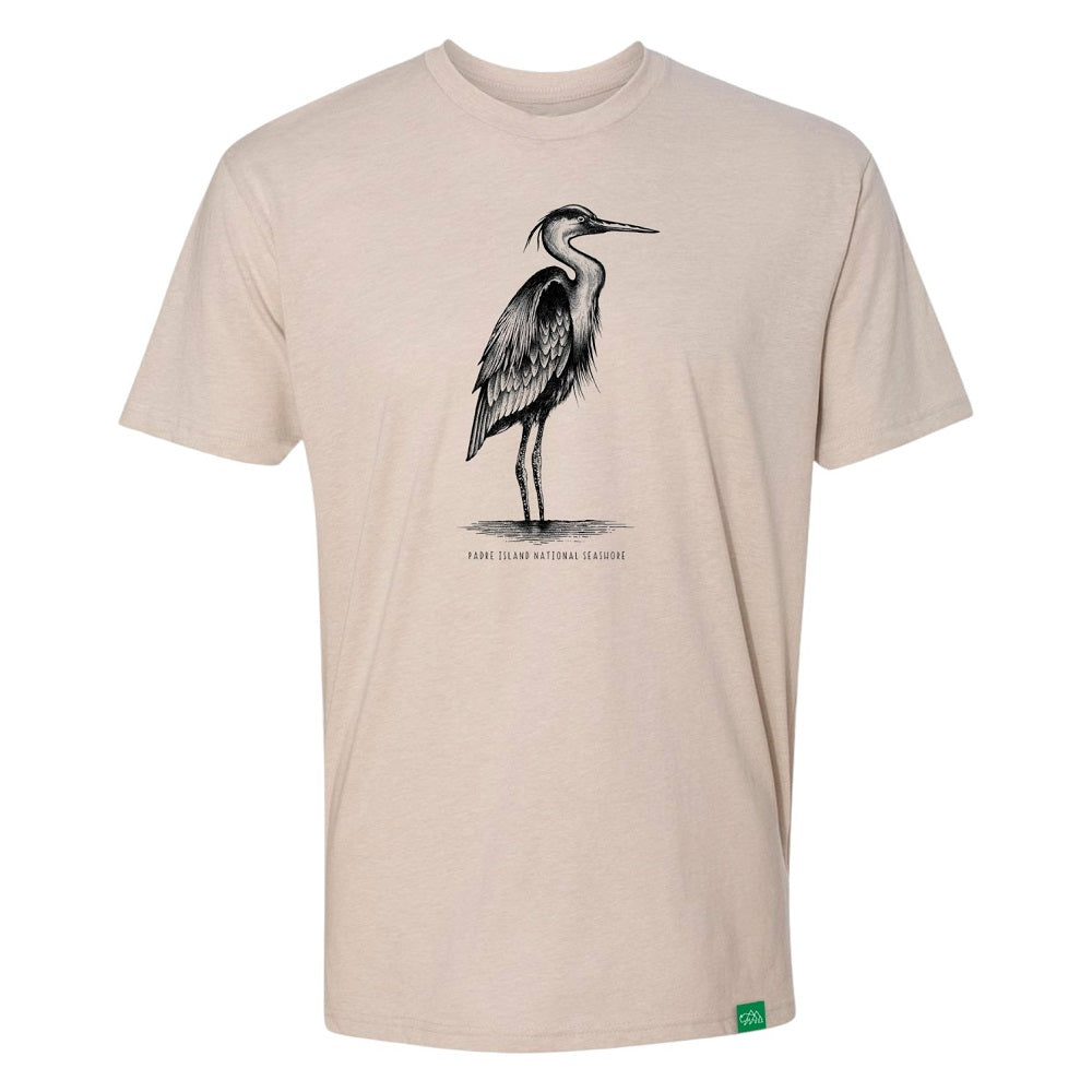 Beige t-shirt with a heron graphic on a white background and text 'Padre Island National Seashore'