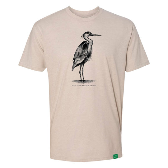 Beige t-shirt with a heron graphic on a white background and text 'Padre Island National Seashore'
