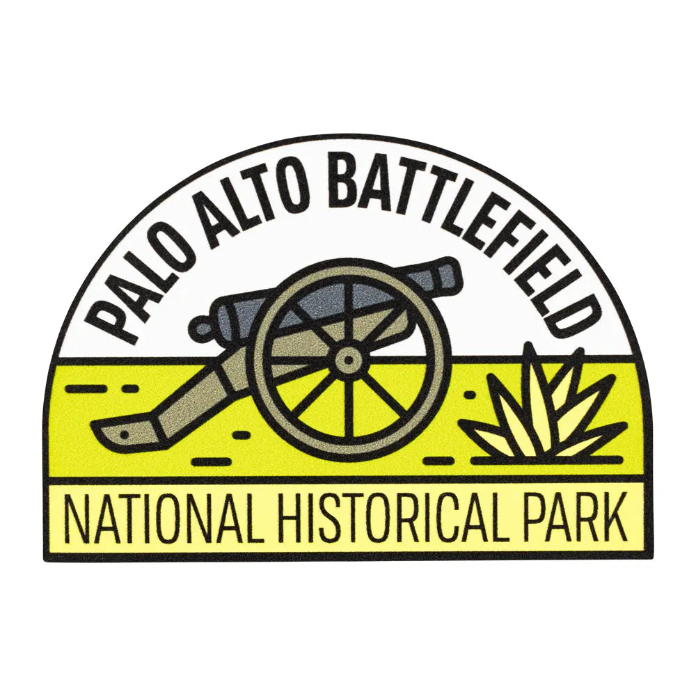 Sticker of Palo Alto Battlefield National Historical Park with a cannon illustration on a white background.