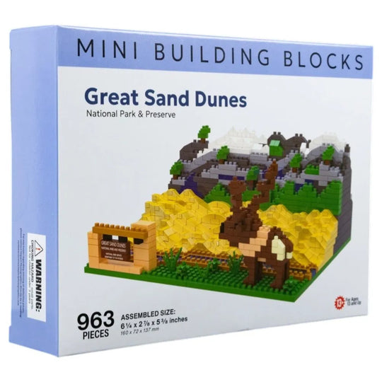 Box of mini building blocks depicting Great Sand Dunes National Park & Preserve with 963 pieces.