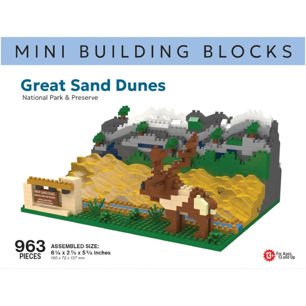 Mini building blocks set of Great Sand Dunes National Park & Preserve with 963 pieces on a white background.