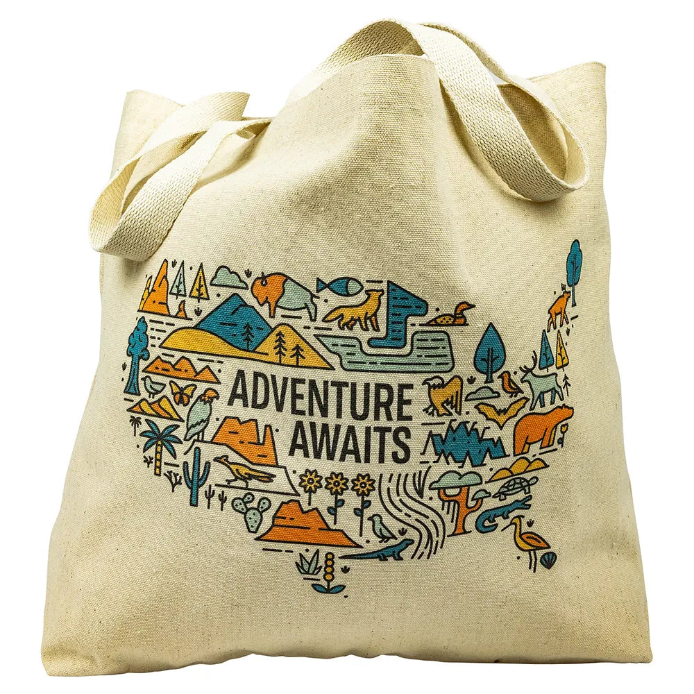 Adventure Awaits National Park Tote Bag Logo Closeup