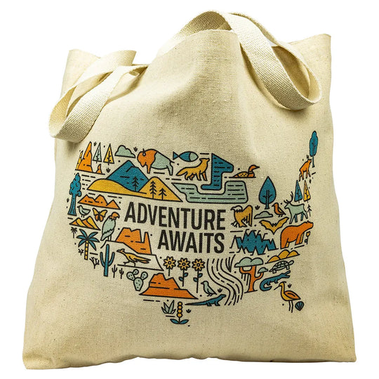 Adventure Awaits National Park Tote Bag Logo Closeup