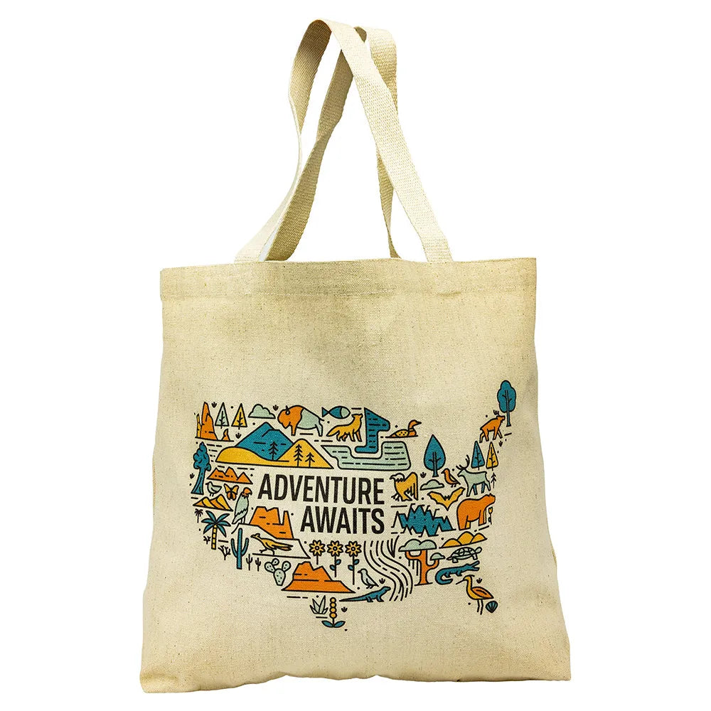 Adventure Awaits National Park Tote Bag Front View