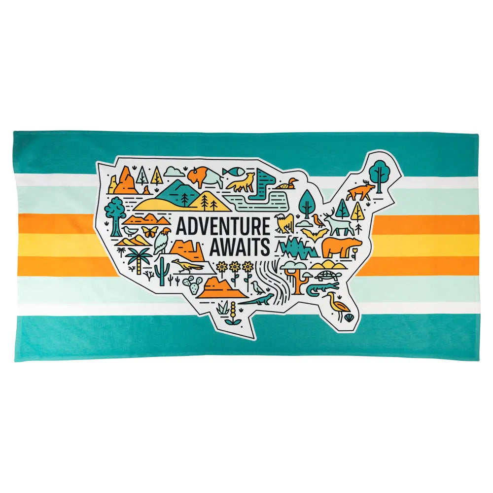 Adventure Awaits National Park Beach Towel front view