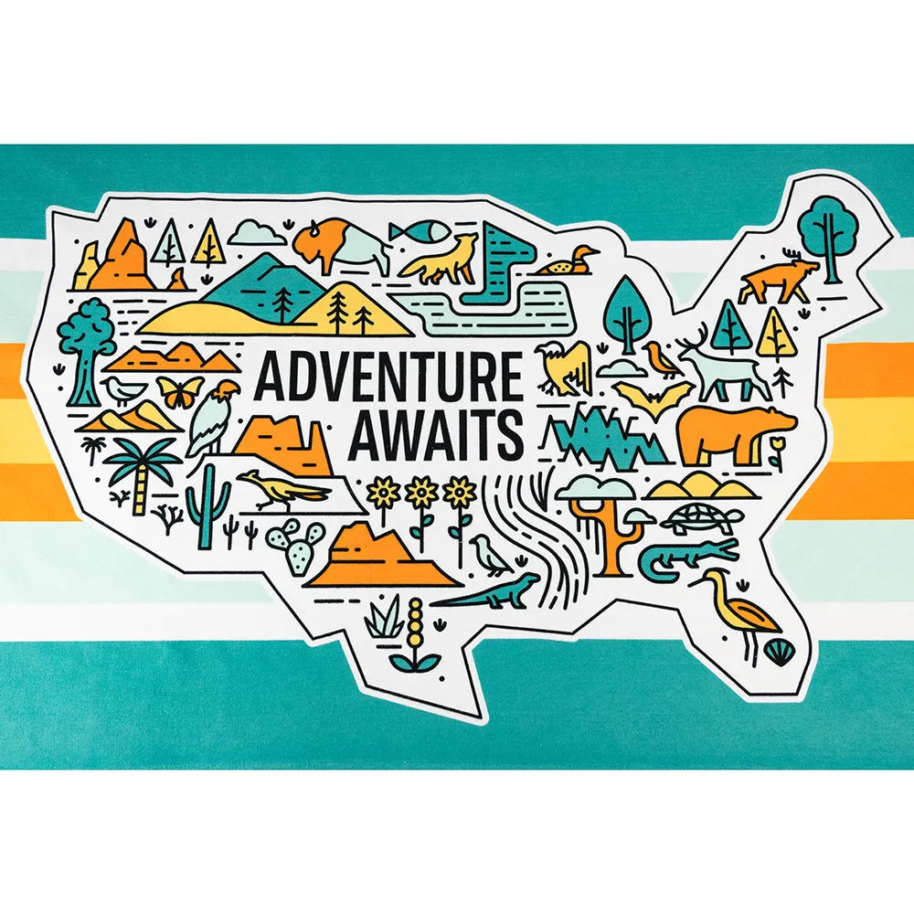 Adventure Awaits National Park Beach Towel logo detail