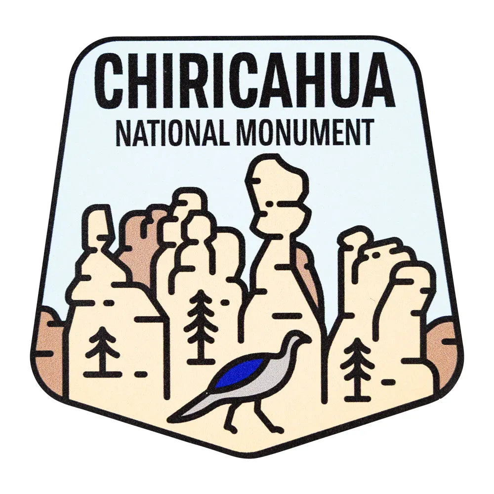 Sticker of Chiricahua National Monument with rock formations, trees, and a bird.