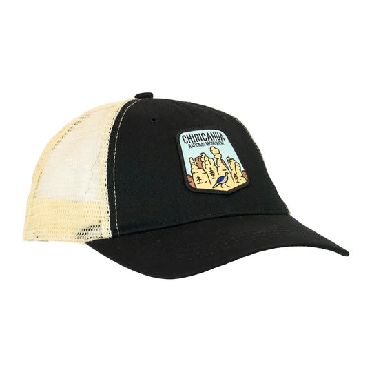 Black and beige cap with Chiricahua National Monument patch on a white background