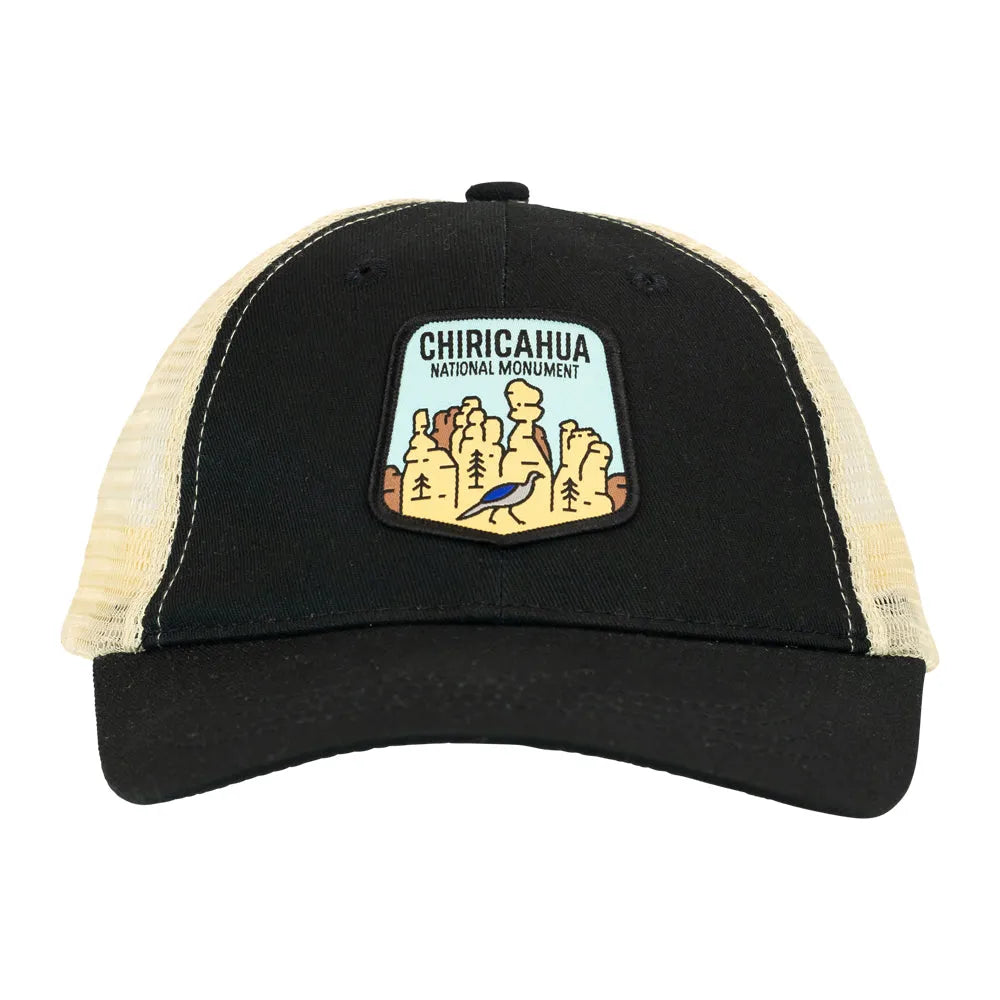 Black and beige cap with Chiricahua National Monument patch on a white background